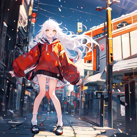  1girl, solo, long hair, white hair, red hanfu,outdoors, sky, shoes, day, socks,snow,yellow eyes