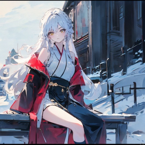  1girl, solo, long hair, white hair, red hanfu,outdoors, sky, shoes, day, socks,snow,yellow eyes