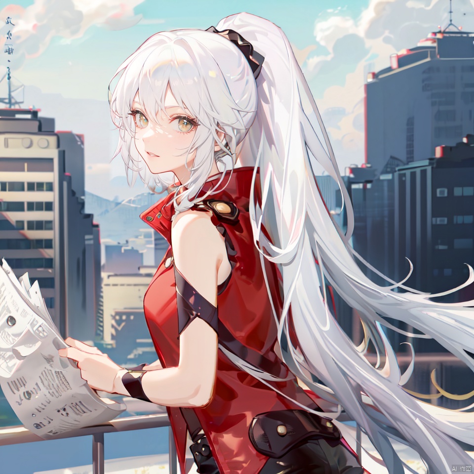  (((white_hair))),1girl, ((yellow_eyes)),(((high_ponytail))), dyzgqzm, presentbox, newspaper, monkren,fashion, midjourney,(((red_coat))),(((smile))), cloak,((black sleeveless blouse)),((white_shorts)), HTTP,NJIP, atdan,midjourneyportrait,laser,濉旂綏鐗�,((smiling)),(咧嘴笑)