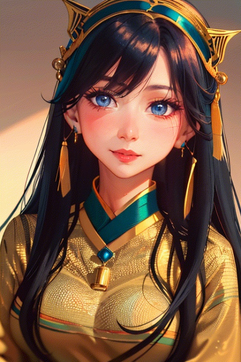 (High detail, high quality, high resolution, 8k), (Mature female, long hair: 1.2, big eyes, earrings, necklace), (Wearing rich color palette Hanfu: 1.2) Smile: 1.2, Palace hall: 1.2