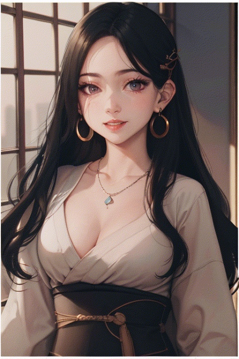(High detail, high quality, high resolution, 8k), (Mature female, long hair: 1.2, big eyes, earrings, necklace), (Wearing rich color palette Hanfu: 1.2) Smile: 1.2, Palace hall: 1.2, Natural soft light