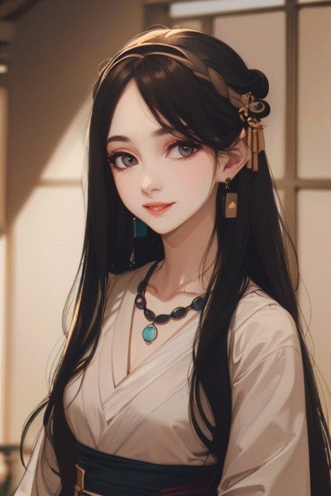 (High detail, high quality, high resolution, 8k), (Mature female, long hair: 1.2, big eyes, earrings, necklace), (Wearing rich color palette Hanfu: 1.2) Smile: 1.2, Palace hall: 1.2, Natural soft light