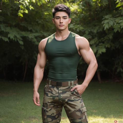  Best quality, masterpiece, ultra-high resolution, detailed background, game_cg, military camp, a man, Asian, 25 years old, muscular, green tight sleeveless top, chest hair, green camouflage military pants, black combat boots, standing, full body portrait, looking at me, LianmoNan,A bruised penis