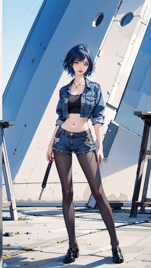 solo,  looking at viewer,  blue hair,  Pantyhose,  Ripped denim shorts,  wide shot,  HDR,  Vibrant colors,  surreal photography,  highly detailed,  masterpiece,  ultra high res,high contrast,  mysterious,  cinematic,  fantasy,  bright natural light,  pantyhose,  loafers,