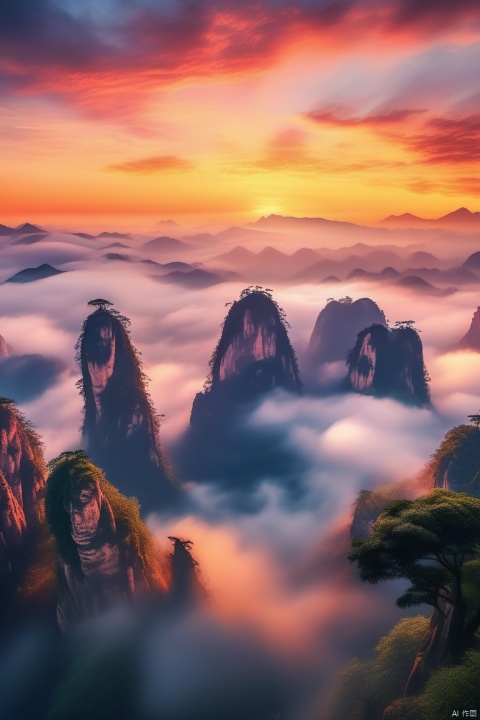 A stunning view of a mountain range in China,shrouded in clouds and mist,with sunrise and sunset colors. The sky is painted red as if it were on fire,creating an enchanting atmosphere. Three rock formations stand tall against each other,resembling three giant pillars standing amidst the sea of fog. Below them lies lush greenery that adds to their majestic presence. The photography uses focus stacking,colorism,and creates a dreamy,aerial perspective to achieve an ultra realistic,high resolution style reminiscent of JamesCG.,Surreal Digital Photography,