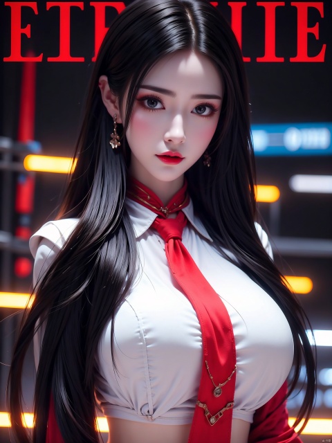  1girl,glowing,cyborg, energy,evening,fire,magic,Neon lights, blurry background, magazine, (cover-style:1.1), fashionable, vibrant, outfit, posing, front, colorful, solo, looking at viewer, shirt,((1girl)),white shirt,necktie, collared shirt, pants, black pants, formal, suit, black necktie, watch, black suit,Visual impact,A shot with tension,(upper body:1.0),cold attitude, tifa