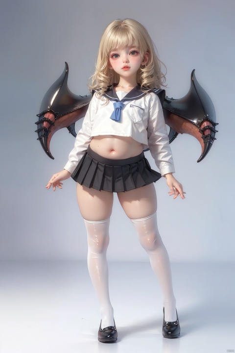  Masterpiece, best quality, soft lighting, Simple background, (H. R. Giger:1.4), (child:1.5), (shiny_skin:1.5), full body, plump body, elegant posture, (small breasts, pussy, thick thighs), blonde hair, (blush), (Sailor fuku, crop top, pleated skirt, sailor collar, thigh-high stockings),