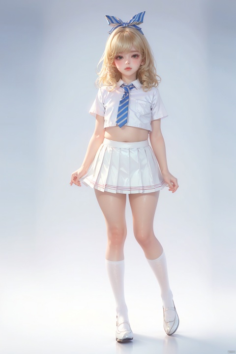  Masterpiece, best quality, soft lighting, Simple background, (Oscar-Claude Monet:1.4), (child:1.5), (shiny_skin:1.5), full body, plump body, elegant posture, (small breasts, pussy, thick thighs), blonde hair, (blush),  (schoolgirl outfit, white crop top, short_skirt, blue_striped_panties, white stockings, tie), bows,