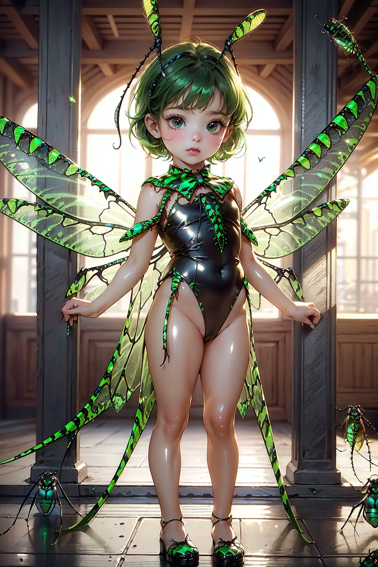  Masterpiece, best quality, (shiny_skin:1.5), (children:1.8), (solo:1.8), shiny_hair, *****, small breasts, green hair, (locust wings:1.5), locust antennae, a mysterious and powerful locust costume, featuring a green and gold color palette, adorned with locust patterns and sheer trailing fabric