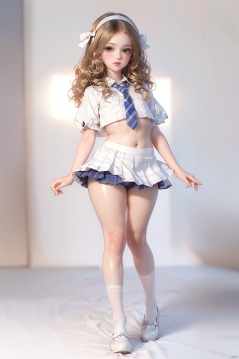  Masterpiece, best quality, soft lighting, Simple background, (Leonardo da Vinci:1.4), (child:1.5), (shiny_skin:1.5), full body, plump body, elegant posture, (small breasts, pussy, thick thighs), blonde hair, (blush), (schoolgirl outfit, white crop top, short plaid_skirt, blue_striped_panties, white stockings, tie), bows,