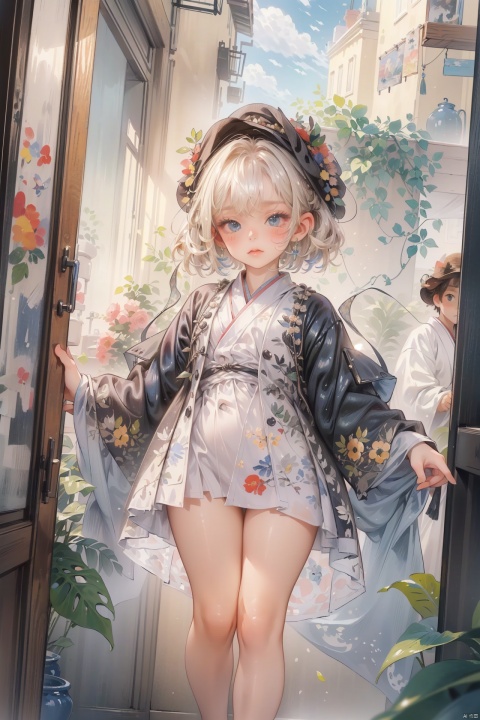 (Pierre-Auguste Renoir:1.5), masterpiece, best quality, extremely detailed, colorful, soft lighting, (shiny_skin:1.5), (child:1.5), blonde hair, (voluptuous figure), pussy, small breasts, thick thighs, blush, (orgasm), (Embroidered Silk Kimono Robe),