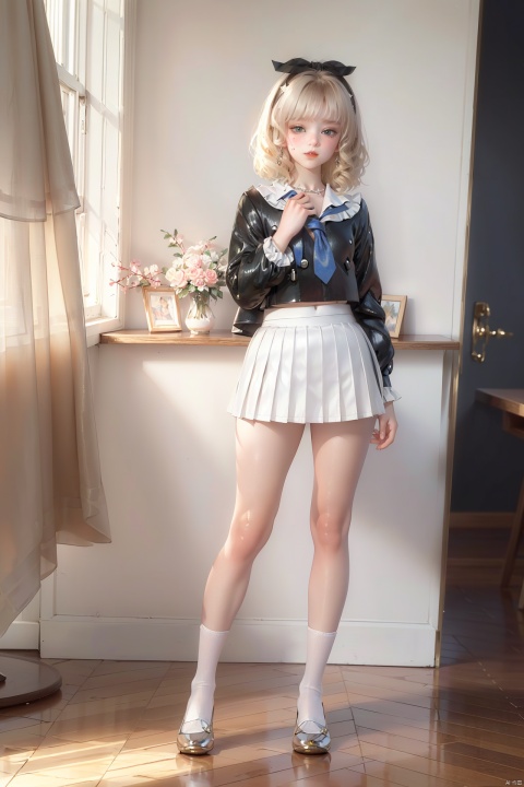  Masterpiece, best quality, soft lighting, Simple background, (Pierre-Auguste Renoir:1.4), (child:1.5), (shiny_skin:1.5), full body, plump body, elegant posture, (small breasts, pussy, thick thighs), blonde hair, (blush), (schoolgirl outfit, white crop top, short_skirt, white stockings, tie), bows,
