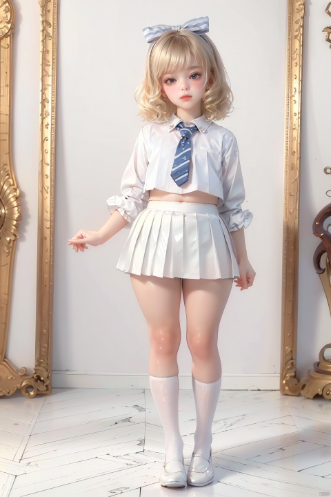  Masterpiece, best quality, soft lighting, Simple background, (Pierre-Auguste Renoir:1.3), (child:1.5), (shiny_skin:1.5), full body, plump body, elegant posture, (small breasts, pussy, thick thighs), blonde hair, (blush), (schoolgirl outfit, white crop top, short_skirt, blue_striped_panties, white stockings, tie), bows,