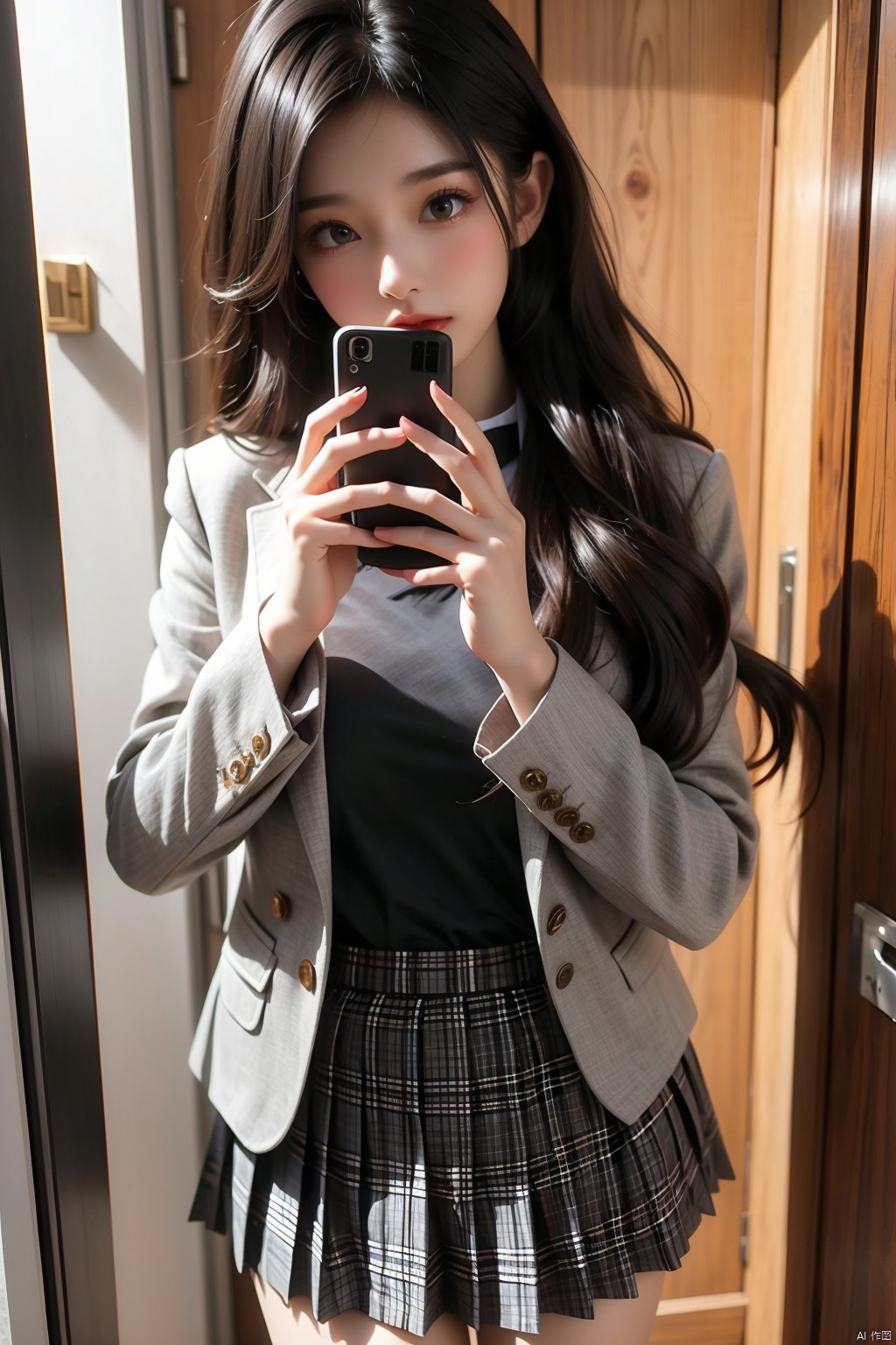 1girl, solo, long hair, skirt, black hair, long sleeves, holding, school uniform, standing, jacket, pleated skirt, plaid, plaid skirt, phone, blazer, cellphone, smartphone, holding phone, meme, grey jacket, door, selfie
