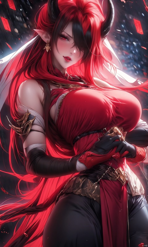 1girl, solo, long hair, looking at viewer, open mouth, red eyes, hair between eyes, bare shoulders, weapon, red hair, horns, teeth, armor, hair over one eye, torn clothes, chain, fire, black background, claws, breastplate
