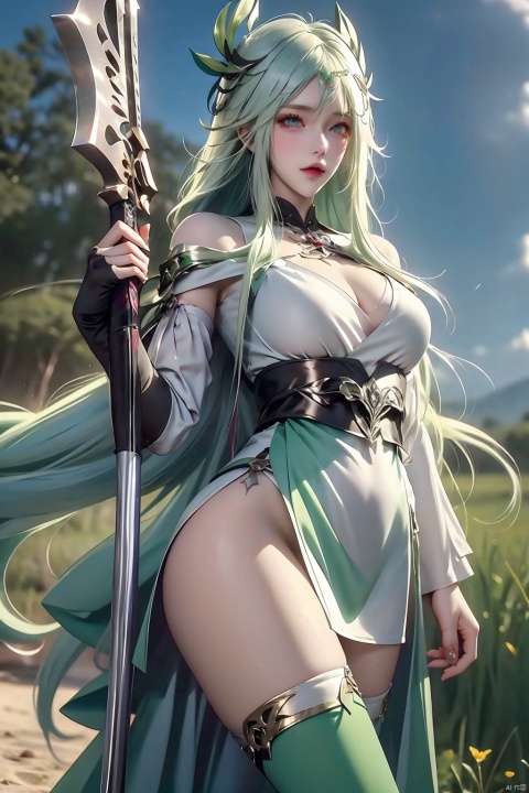 1girl, solo, breasts, smile, thighhighs, cleavage, green eyes, weapon, white hair, multicolored hair, boots, detached sleeves, green hair, teeth, hood, two-tone hair, scythe, company name