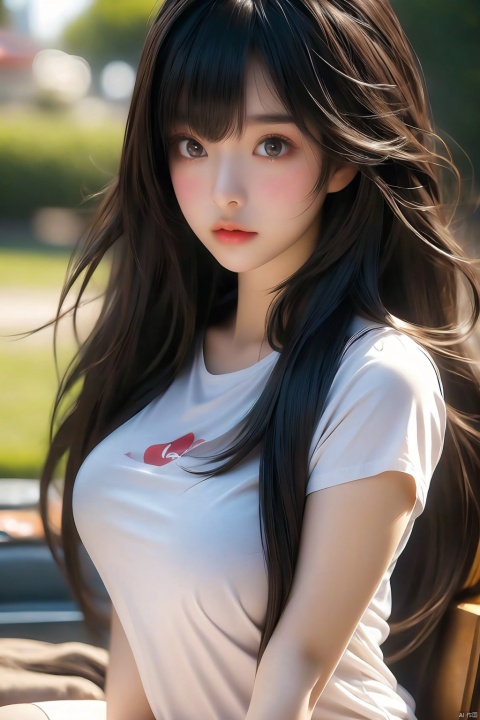 A solo focus shot of a young Asian girl with black hair and brown eyes, her bangs framing her face as she looks directly at the viewer. Her long hair cascades down her back, partially hidden by her white T-shirt with short sleeves and gym shorts. She's sitting comfortably, holding her smartphone with blurred background and foreground. The camera captures a shallow depth of field, blurring everything except for the girl's features. A subtle motion blur effect adds a sense of dynamism to the image.