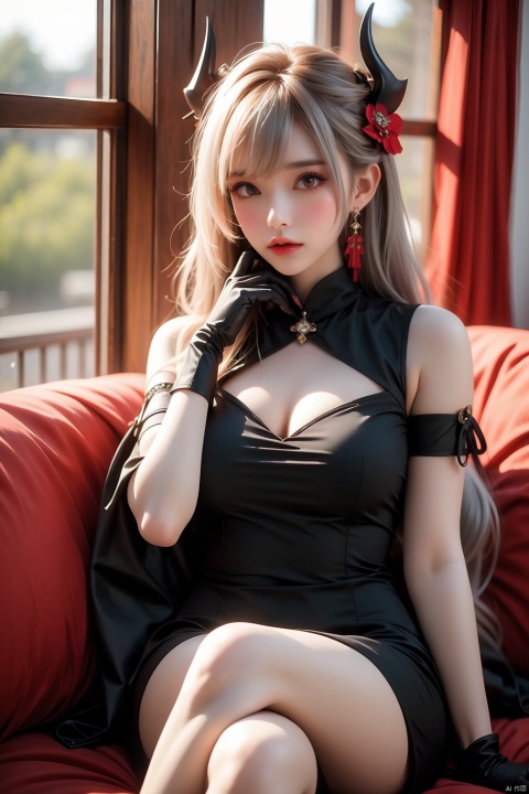 
1girl, solo, long hair, breasts, looking at viewer, bangs, hair ornament, red eyes, gloves, dress, holding, bare shoulders, jewelry, sitting, white hair, thighs, earrings, detached sleeves, horns, pointy ears, black gloves, indoors, blurry, black dress, official alternate costume, cup, thigh strap, feet out of frame, crossed legs, single glove, mudrock \(arknights\)
