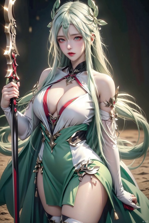 1girl, solo, breasts, smile, thighhighs, cleavage, green eyes, weapon, white hair, multicolored hair, boots, detached sleeves, green hair, teeth, hood, two-tone hair, scythe, company name