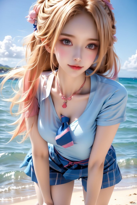 A vibrant depiction of Kitagawa Marin, standing confidently barefoot on the sandy beach, with the vast ocean behind her. She wears a blue and white striped shirt, a pink hair tie, and a plaid skirt that matches the waves gently lapping at the shore. A blue necktie adds a pop of color to her collared shirt, which is rolled up to reveal toned arms. Her long blonde hair flows in the ocean breeze, and a choker adorns her neck. A bright smile spreads across her face as she gazes out at the horizon, with the sun shining down on her., pf-hd