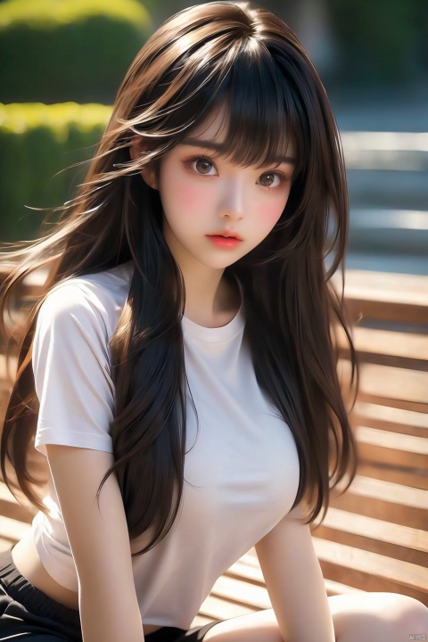 A solo focus shot of a young Asian girl with black hair and brown eyes, her bangs framing her face as she looks directly at the viewer. Her long hair cascades down her back, partially hidden by her white T-shirt with short sleeves and gym shorts. She's sitting comfortably, holding her smartphone with blurred background and foreground. The camera captures a shallow depth of field, blurring everything except for the girl's features. A subtle motion blur effect adds a sense of dynamism to the image.