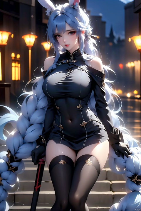 1girl, solo, long hair, breasts, open mouth, thighhighs, gloves, dress, navel, animal ears, medium breasts, very long hair, blue hair, full body, weapon, white hair, boots, wings, black gloves, black thighhighs, floating hair, border, knee boots