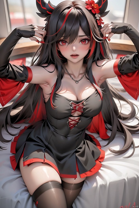 1girl, solo, long hair, breasts, looking at viewer, smile, open mouth, bangs, large breasts, black hair, hair ornament, red eyes, thighhighs, dress, cleavage, flower, pantyhose, multicolored hair, boots, wings, horns, hair flower, nail polish, black dress, arms up, chain, red flower, fishnets, red nails, black wings