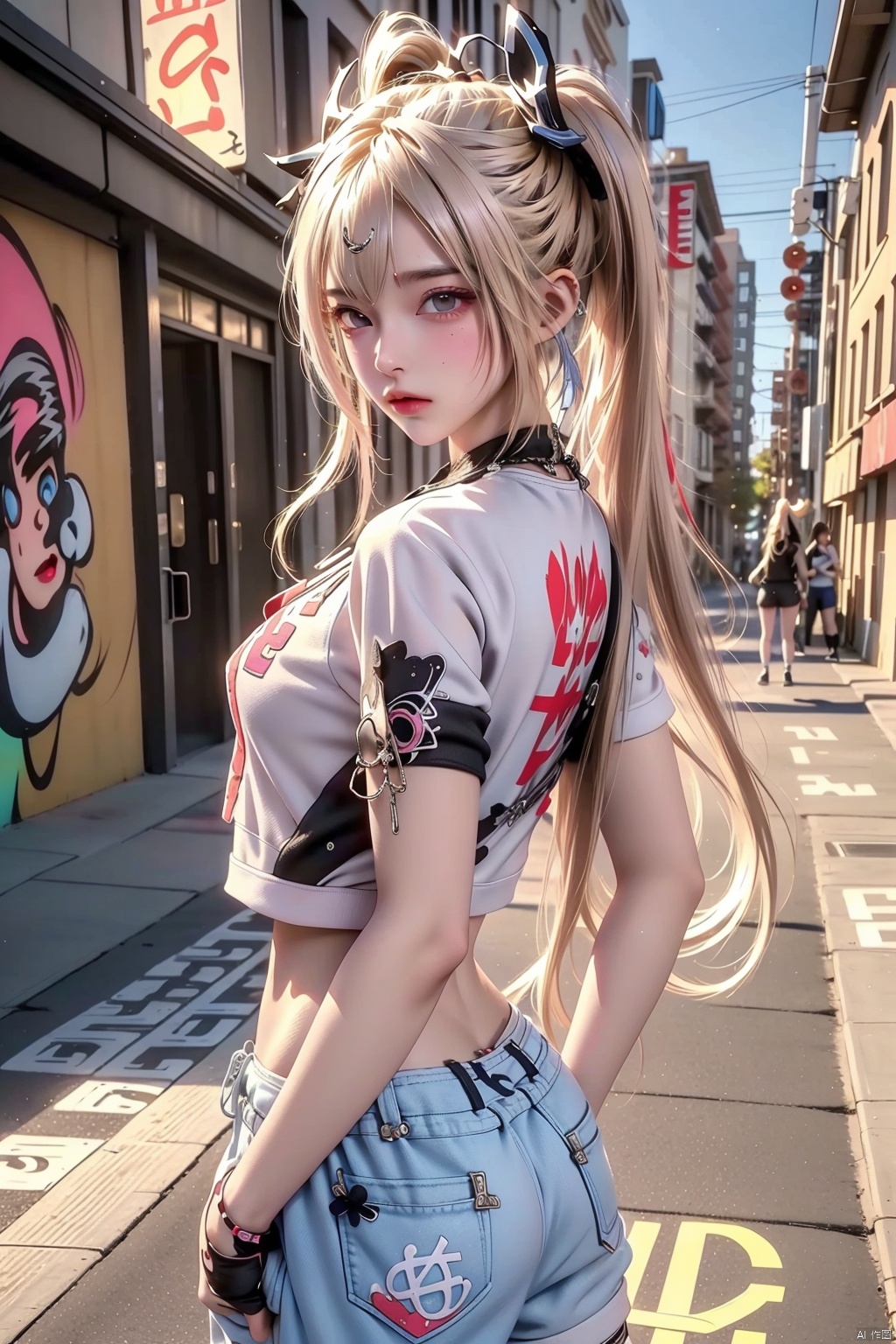  illustration, best quality, ultra-detailed, super detailed skin,cute, lovely, extremely detailed,8K,solo,1girl, detailed background,urban, 💫,⭐️,🌟,✨,night,dynamic angle,beautiful eyes,blash,smile,(streetwear:1.5),street style ,(emphasis splatter ),splatter,graffiti,spraycan,❤️,motion,navel,(croptop:0.8),(ear piercing:0.7),two-tone hair color,(cool),(HDR:1),wind
,(jitome:1.2),perfect hand,active,RETRO ART STYLE, NEON_POP ART STYLE, ART STYLE, hands behind back