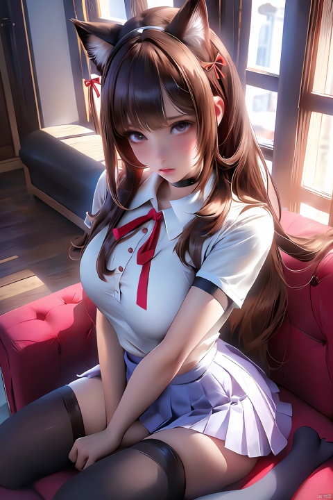 1girl, solo, looking at viewer, skirt, brown hair, shirt, thighhighs, ribbon, animal ears, white shirt, short sleeves, pleated skirt, lying, indoors, cat ears, on back, white thighhighs, neck ribbon, blue ribbon, couch, wooden floor

