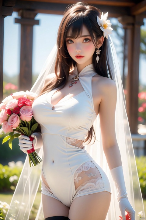 1girl, solo, breasts, looking at viewer, blush, smile, short hair, open mouth, bangs, blue eyes, large breasts, hair ornament, thighhighs, gloves, dress, navel, holding, cleavage, bare shoulders, jewelry, underwear, blue hair, panties, flower, earrings, alternate costume, elbow gloves, white gloves, hair flower, white dress, white panties, hair over one eye, white thighhighs, see-through, tattoo, rose, x hair ornament, white flower, revealing clothes, veil, bouquet, wedding dress, bridal veil, pubic tattoo, white rose, holding bouquet, bride, rem \(re:zero\)
