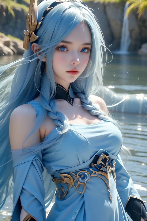 1girl, solo, long hair, breasts, looking at viewer, blue eyes, dress, holding, medium breasts, very long hair, weapon, wings, sword, holding weapon, armor, colored skin, holding sword, tiara, monster girl, bubble, blue theme, underwater, air bubble, mermaid, head fins, fins