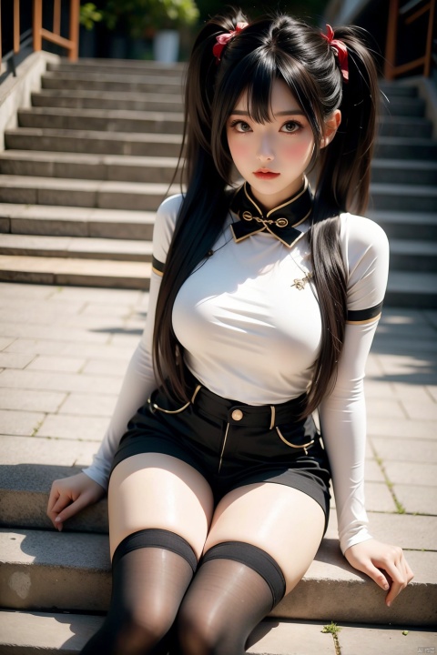 1girl, solo, long hair, looking at viewer, black hair, thighhighs, twintails, shorts, black thighhighs, cosplay, black shorts, animal print, stairs, realistic
