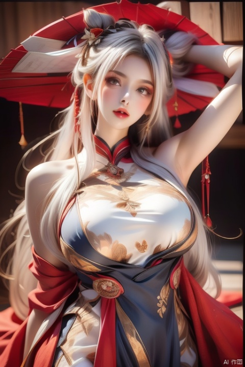 1girl
solo
long hair
breasts
looking at viewer
hair ornament
dress
bare shoulders
white hair
multicolored hair
parted lips
sleeveless
indoors
armpits
arm up
lips
gradient hair
hand on own head, pf-hd,Oil-paper umbrella