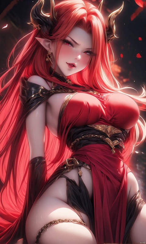 1girl, solo, long hair, looking at viewer, open mouth, red eyes, hair between eyes, bare shoulders, weapon, red hair, horns, teeth, armor, hair over one eye, torn clothes, chain, fire, black background, claws, breastplate
