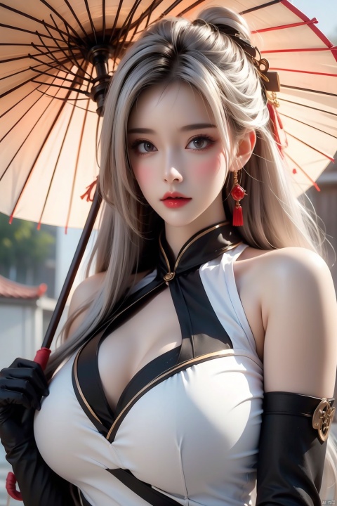 1girl, solo, long hair, looking at viewer, gloves, dress, holding, bare shoulders, jewelry, closed mouth, upper body, white hair, earrings, black gloves, elbow gloves, white dress, umbrella, chinese clothes, holding umbrella
