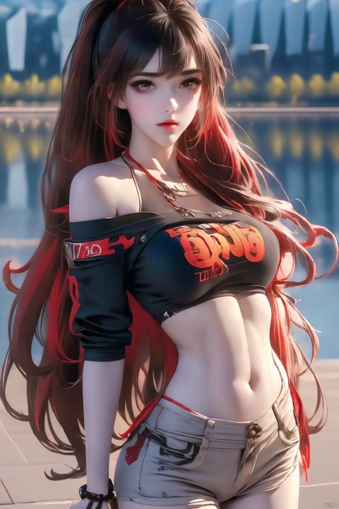 1girl, solo, long hair, looking at viewer, open mouth, red eyes, hair between eyes, bare shoulders, weapon, red hair, horns, teeth, armor, hair over one eye, torn clothes, chain, fire, black background, claws, breastplate
 illustration, best quality, ultra-detailed, super detailed skin,cute, lovely, extremely detailed,8K,solo,1girl, detailed background,urban, 💫,⭐️,🌟,✨,night,dynamic angle,beautiful eyes,blash,smile,(streetwear:1.5),street style ,(emphasis splatter ),splatter,graffiti,spraycan,❤️,motion,navel,(croptop:0.8),(ear piercing:0.7),two-tone hair color,(cool),(HDR:1),wind
,(jitome:1.2),perfect hand,active,RETRO ART STYLE, NEON_POP ART STYLE, ART STYLE, hands behind back