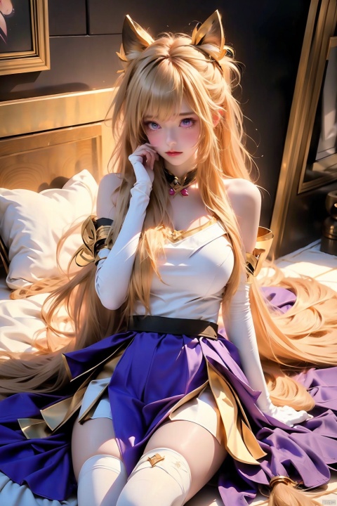 1girl, solo, long hair, breasts, looking at viewer, bangs, skirt, blonde hair, large breasts, hair ornament, thighhighs, gloves, dress, animal ears, bare shoulders, medium breasts, underwear, purple eyes, panties, tail, parted lips, detached sleeves, alternate costume, choker, elbow gloves, artist name, white gloves, signature, white thighhighs, fox ears, fox tail, ass visible through thighs, facial mark, pantyshot, magical girl, fox girl, multiple tails, magic, fox, star guardian \(league of legends\), ahri \(league of legends\)
