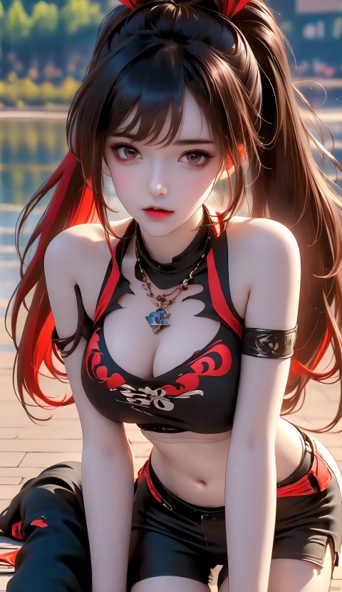 1girl, solo, long hair, looking at viewer, open mouth, red eyes, hair between eyes, bare shoulders, weapon, red hair, horns, teeth, armor, hair over one eye, torn clothes, chain, fire, black background, claws, breastplate
 illustration, best quality, ultra-detailed, super detailed skin,cute, lovely, extremely detailed,8K,solo,1girl, detailed background,urban, 💫,⭐️,🌟,✨,night,dynamic angle,beautiful eyes,blash,smile,(streetwear:1.5),street style ,(emphasis splatter ),splatter,graffiti,spraycan,❤️,motion,navel,(croptop:0.8),(ear piercing:0.7),two-tone hair color,(cool),(HDR:1),wind
,(jitome:1.2),perfect hand,active,RETRO ART STYLE, NEON_POP ART STYLE, ART STYLE, hands behind back