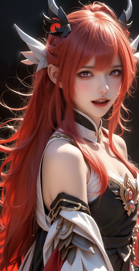 1girl, solo, long hair, looking at viewer, open mouth, red eyes, hair between eyes, bare shoulders, weapon, red hair, horns, teeth, armor, hair over one eye, torn clothes, chain, fire, black background, claws, breastplate
