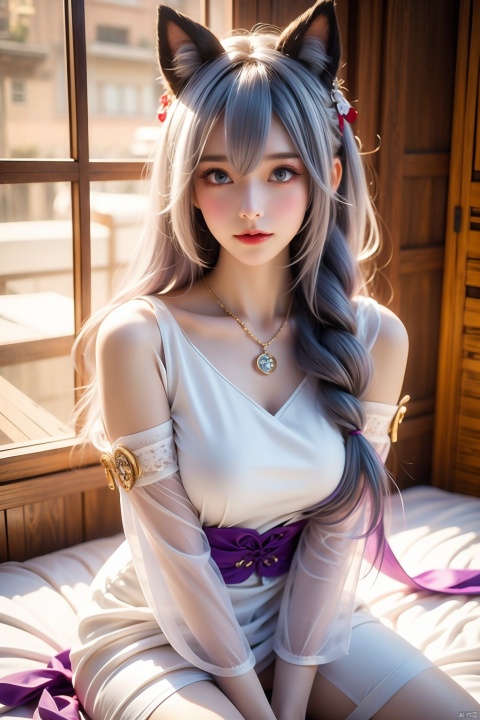 1girl, solo, long hair, looking at viewer, smile, blue eyes, dress, ribbon, animal ears, jewelry, sitting, purple eyes, tail, white hair, detached sleeves, necklace, white dress, cosplay, fox ears
