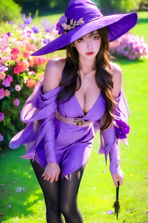  1girl, solo, long hair, breasts, looking at viewer, blush, open mouth, bangs, brown hair, hat, dress, cleavage, nipples, standing, purple eyes, full body, flower, pantyhose, thighs, sweat, outdoors, huge breasts, high heels, black pantyhose, capelet, witch hat, rose, pelvic curtain, purple flower, hat flower, vision \(genshin impact\), witch, purple headwear, multicolored dress, purple rose, purple capelet, lisa
