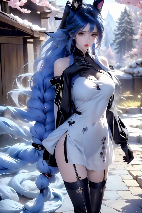 1girl, solo, long hair, breasts, open mouth, thighhighs, gloves, dress, navel, animal ears, medium breasts, very long hair, blue hair, full body, weapon, white hair, boots, wings, black gloves, black thighhighs, floating hair, border, knee boots