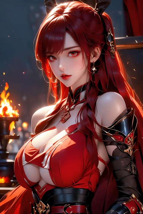 1girl, solo, long hair, looking at viewer, open mouth, red eyes, hair between eyes, bare shoulders, weapon, red hair, horns, teeth, armor, hair over one eye, torn clothes, chain, fire, black background, claws, breastplate
