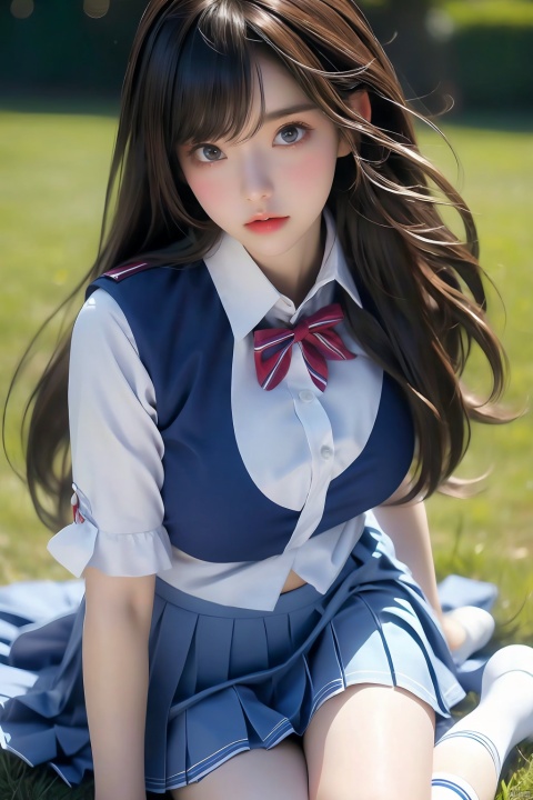 A solo girl in a close-up shot, her legs and pleated blue school uniform skirt sharply focused against a blurry background. The white socks and shirt add a pop of contrast. Her skirt is ruffled and layered, with the folds creating a sense of depth. The camera's shallow depth of field draws attention to her legs, showcasing the intricate details of her uniform.