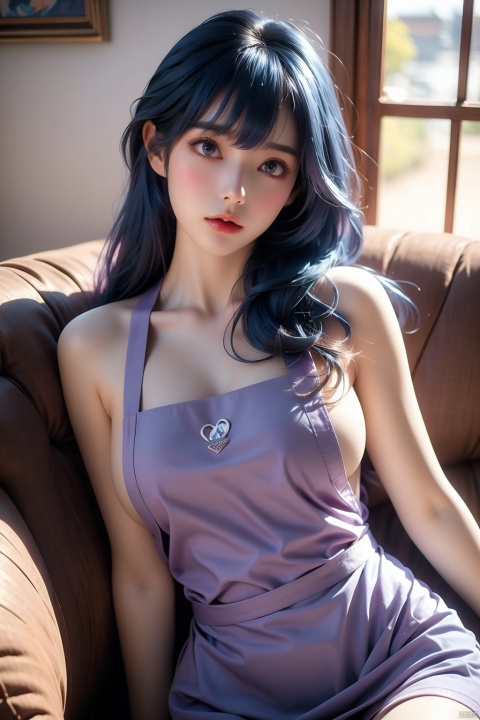  1girl,(naked brown apron:1.4),(Blue hair:1.2),Sitting on the sofa,((Purple and blue clothes)),dreamy light,(8k, RAW photo, best quality, masterpiece:1.2),(realistic, photo fidelity:1.3),ultra fine,ultra fine cg 8k wallpaper, white sweater, jmai, XXE
