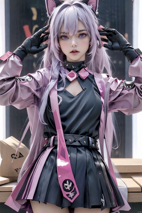 1girl, solo, long hair, breasts, looking at viewer, open mouth, bangs, gloves, long sleeves, animal ears, twintails, medium breasts, standing, purple eyes, jacket, weapon, white hair, pink eyes, star \(symbol\), gun, bodysuit, covered navel, fake animal ears, headphones, skin tight, index finger raised, rifle, headset, shiny clothes, assault rifle, pink gloves, animal ear headphones, pink bodysuit, impossible bodysuit, latex bodysui