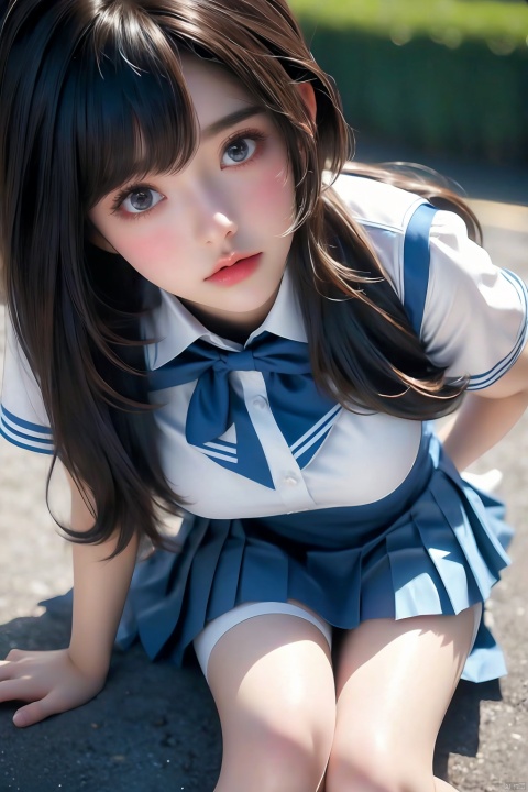 A solo girl in a close-up shot, her legs and pleated blue school uniform skirt sharply focused against a blurry background. The white socks and shirt add a pop of contrast. Her skirt is ruffled and layered, with the folds creating a sense of depth. The camera's shallow depth of field draws attention to her legs, showcasing the intricate details of her uniform.