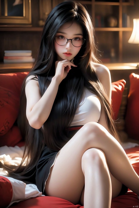 A sensual, intimate moment captured in a blurred, dreamy haze. A young woman with black hair and glasses sits alone, her feet bare and her knees up, surrounded by a blurry background. Her long hair flows around her face as she brings her hand between her legs, her fingers covering the crotch of her white panties. The depth of field is shallow, rendering the rest of the room indistinct, while her torso remains sharp and focused. The overall effect is one of subtle seduction, the blur censoring any explicit details.