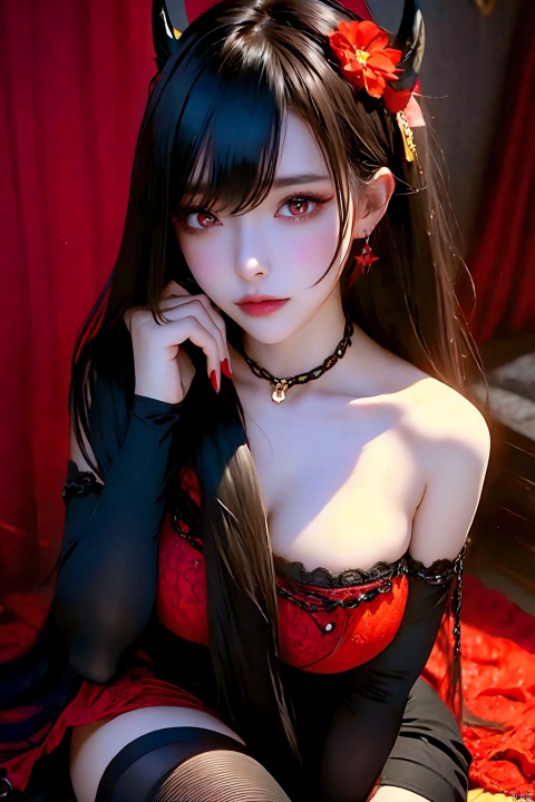 1girl, solo, long hair, breasts, looking at viewer, smile, open mouth, bangs, large breasts, black hair, hair ornament, red eyes, thighhighs, dress, cleavage, flower, pantyhose, multicolored hair, boots, wings, horns, hair flower, nail polish, black dress, arms up, chain, red flower, fishnets, red nails, black wings