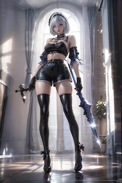 1girl, solo, looking at viewer, short hair, thighhighs, gloves, hat, holding, standing, full body, weapon, white hair, boots, shorts, black gloves, puffy sleeves, black footwear, hair over one eye, high heels, thigh boots, black shorts, mole under mouth, high heel boots, yorha no. 2 type b, yorha type a no. 2
